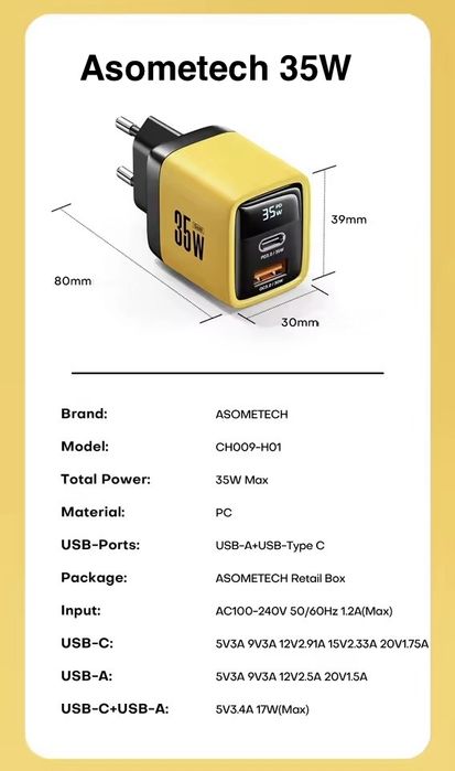 Швидка GaN зарядка PD QC 65w 67w Asometech Essager Baseus Toocki 33w