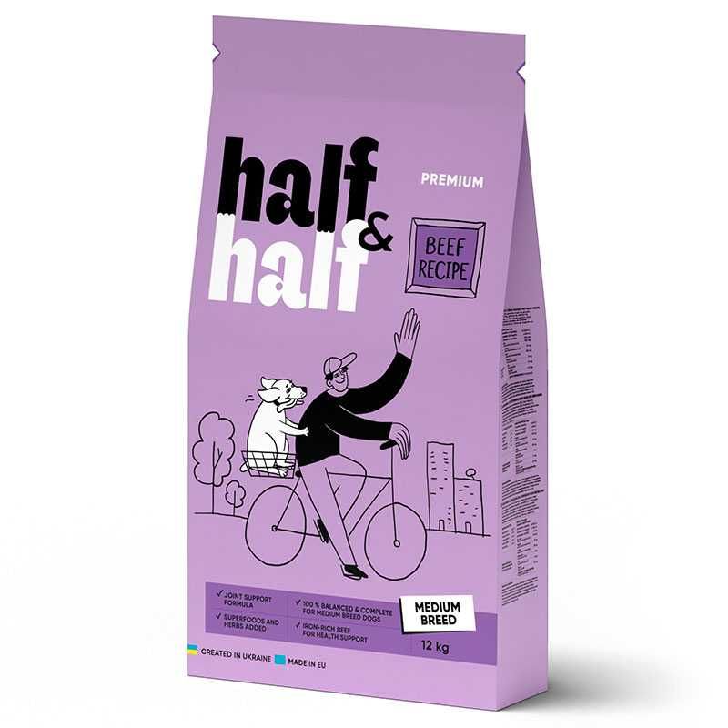 Корм HALF & HALF 12 кг з яловичиною для собак середніх порід Халф Халф