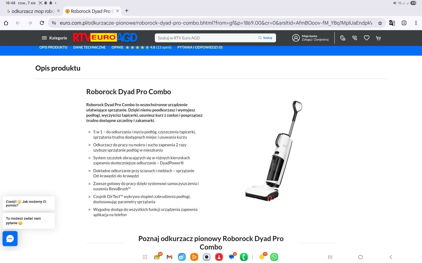 Odkurzacz pionowy z mopem Roborock Dyad Pro Combo prawie nowy