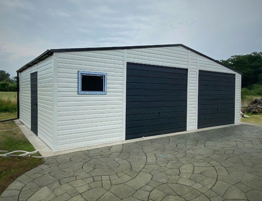 Garaż ogrodowy blaszany 9x5m (biały + grafit, nowoczesny, 10x8 11x5)