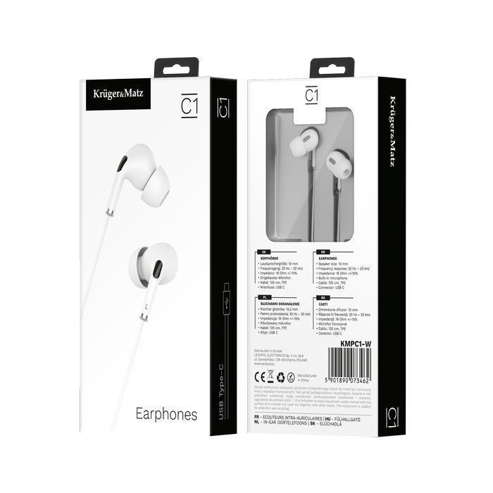 Słuchawki Dokanałowe Z Mikrofonem Na Usb-C Kruger&Matz C1 Białe
