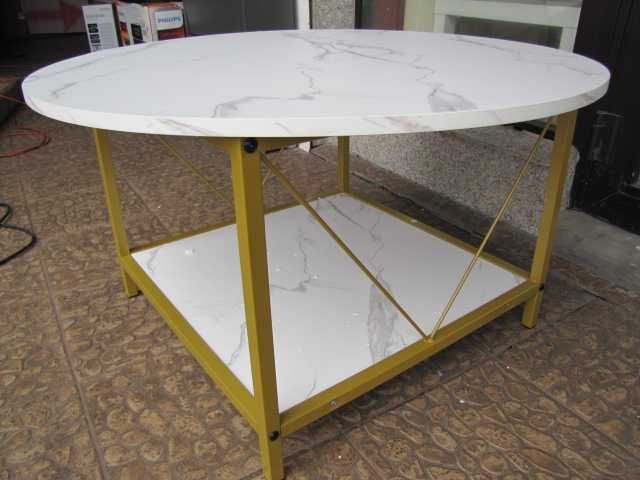 Okrągły stół kawowy stolik do salonu blat ala marmur, złote nogi
