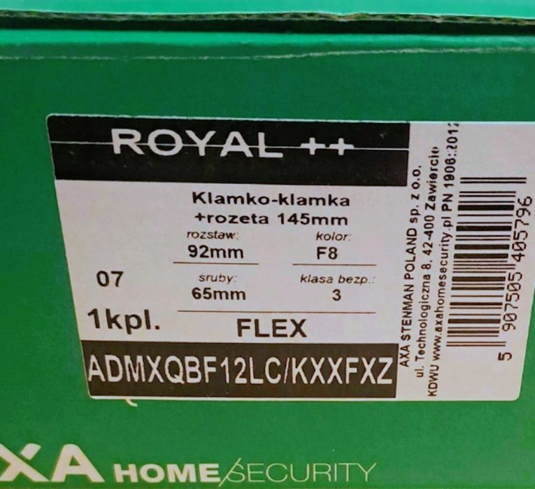 Klamka AXA Royal Flex ++ F8 czarna rozstaw 92 mm Fabrycznie Nowa!