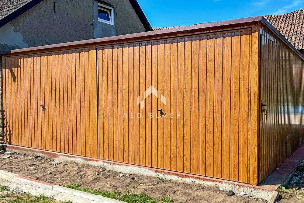 Garaż Blaszany 6X5M 2X Brama Uchylna Drzwi Złoty Dąb Dach Spad Nb196