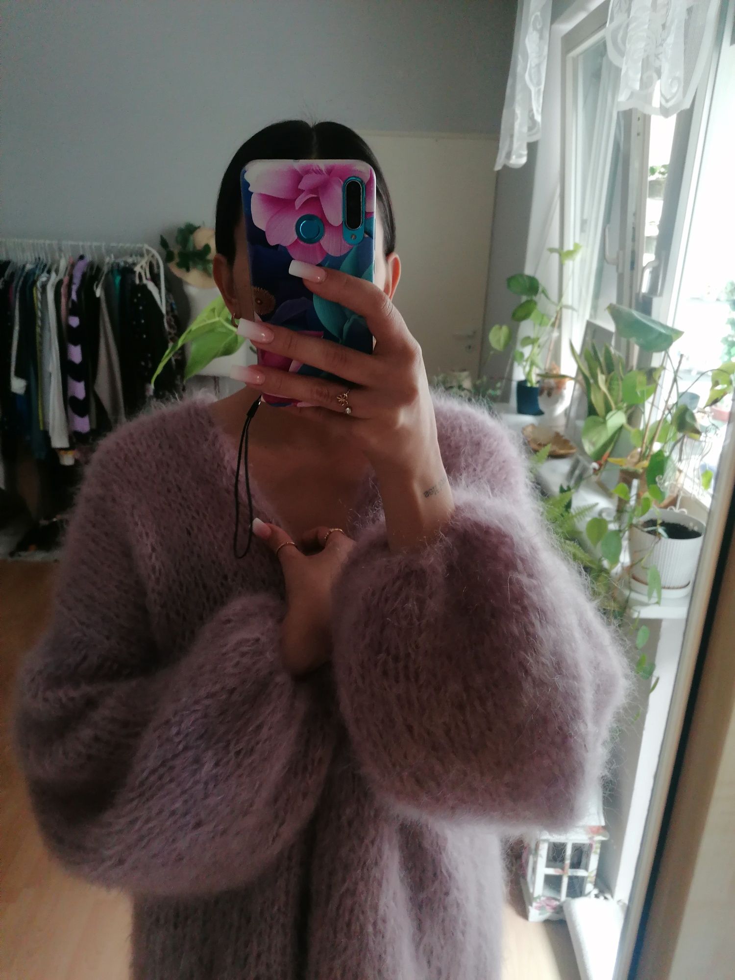 Liliowy gruby ciepły sweter z moheru Nowy onesize M L XL