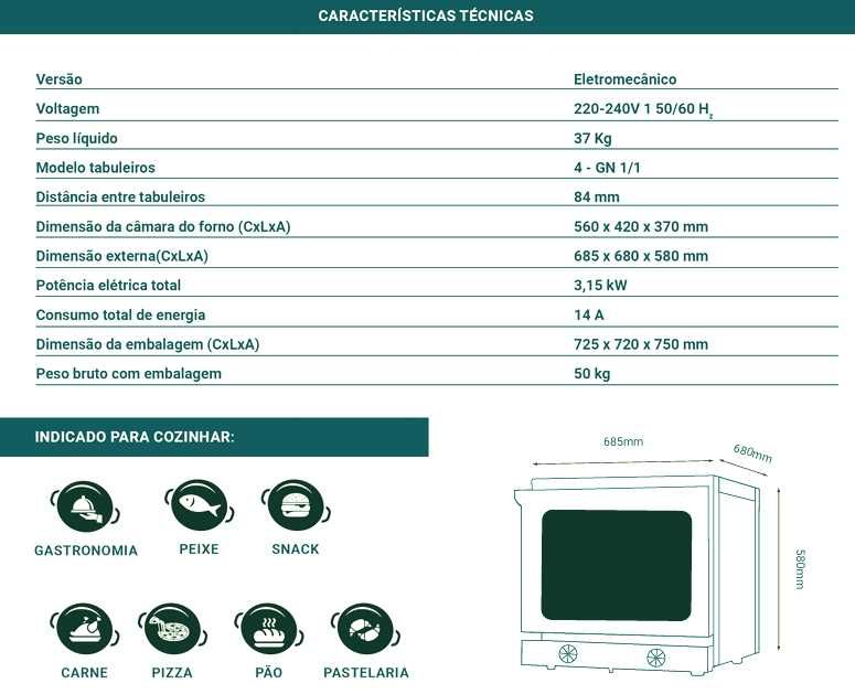 Forno Convector PRO "NERONE" mod. GN 1/1, elétrico, com 4 níveis. NOVO