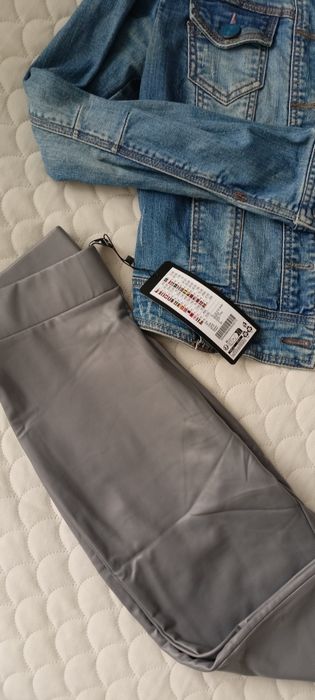 Komplet damski kurtka jeansowa katana i legginsy skórzane