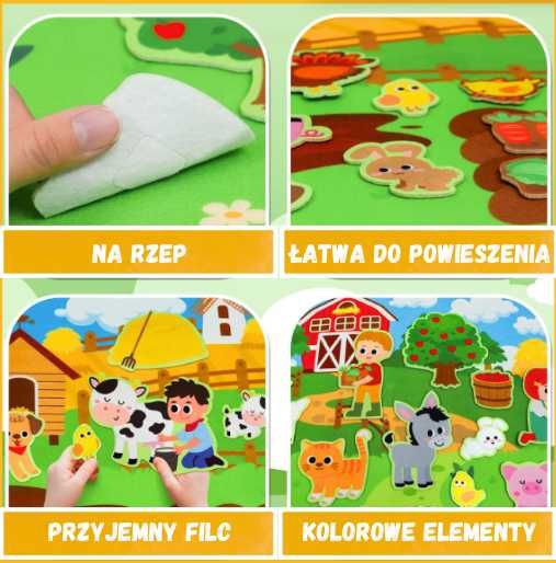Duża Edukacyjna Mata Filcowa na Rzepy Zwierzęta na farmie farma dzieci