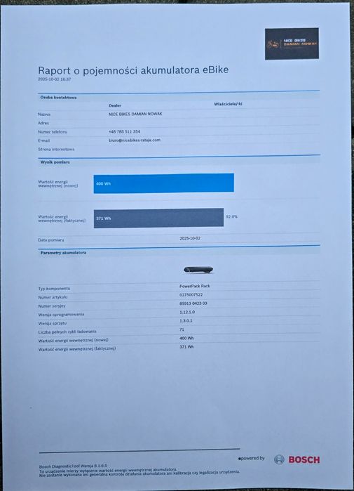 Bateria Akumulator BOSCH POWERPACK 400wh na bagażnik 71 cykli 91% spr
