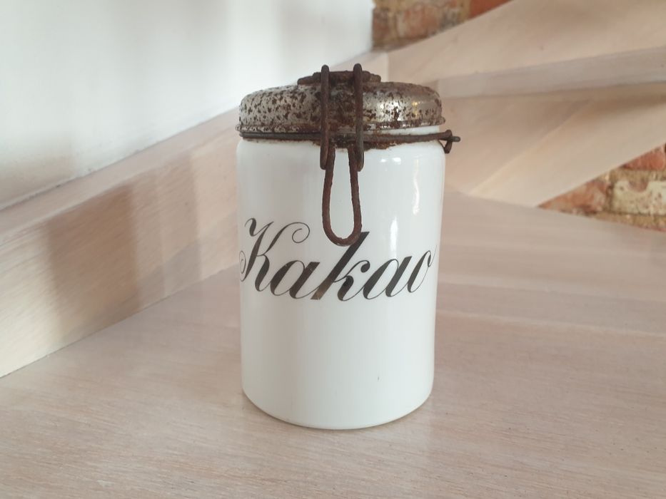 Stare ceramiczne pudełko pojemnik na kakao z napisem  Białe