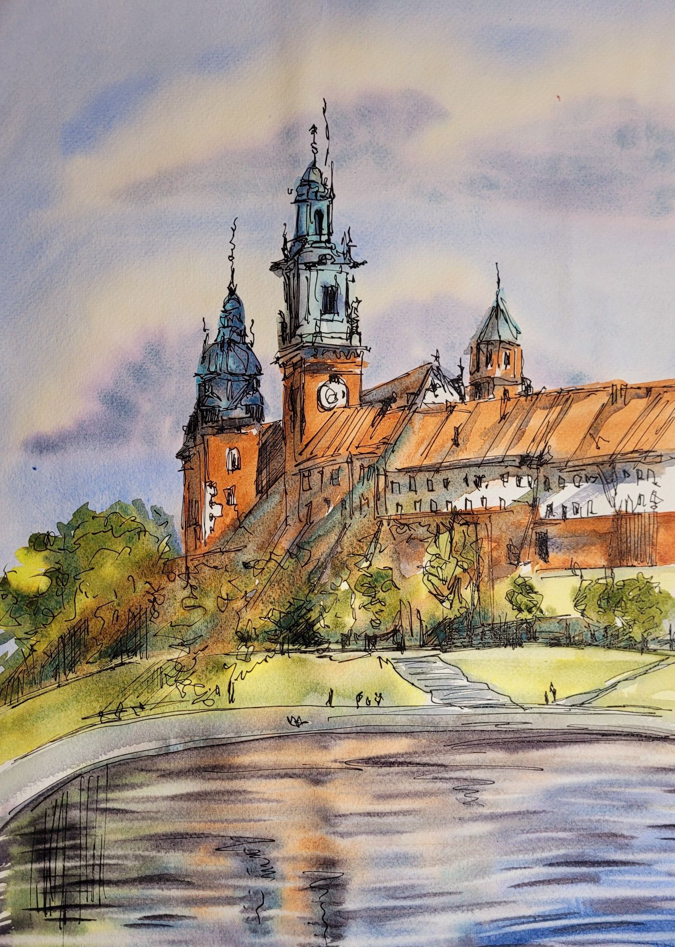 Pejzaż miejski Kraków 24x33 cm tusz I akwarela, prezent, architektura