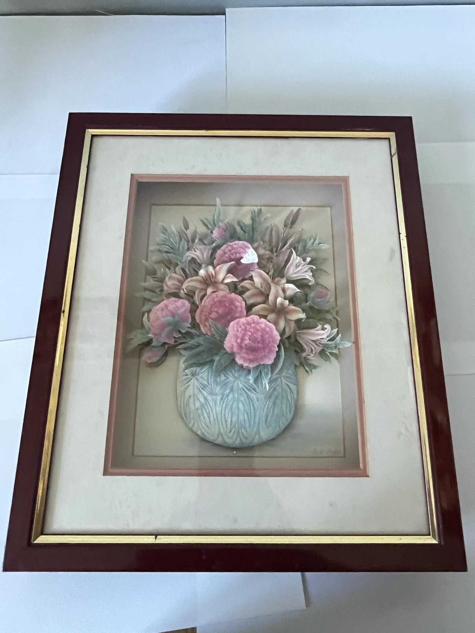 Obraz 3D kwiaty w drewnianej ramie decoupage