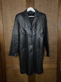 Czarny długi skórzany płaszcz skóra M L Vintage