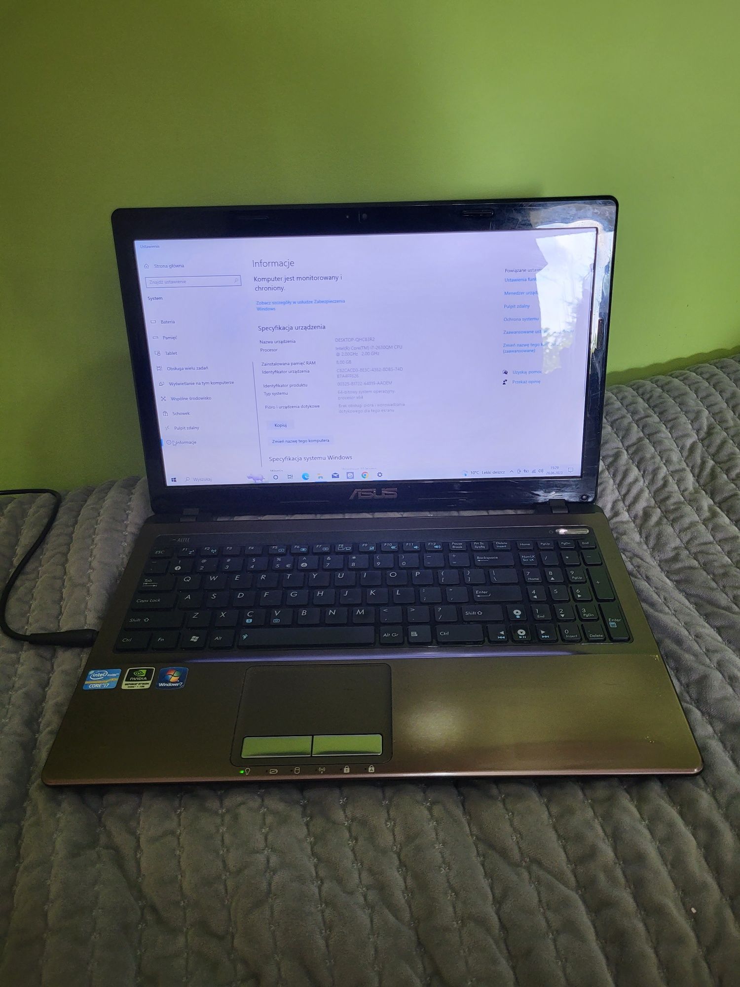 Laptop Asus x53s.intel i7 ,dysk ssd 500gb.Windows 10