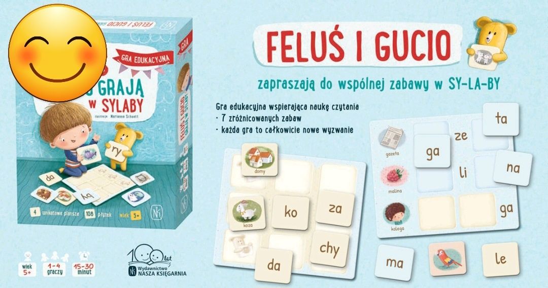 Gra edukacyjna. Feluś i Gucio graja w sylaby. Stan idealny