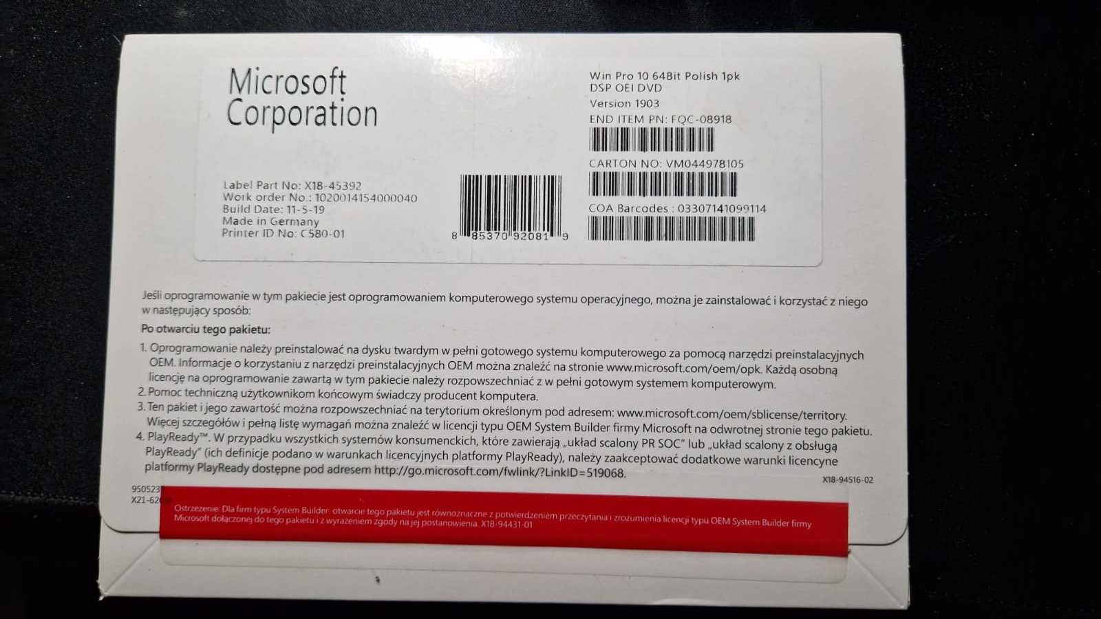Oryginalnie zaplombowany Windows 10 PRO PL OEM