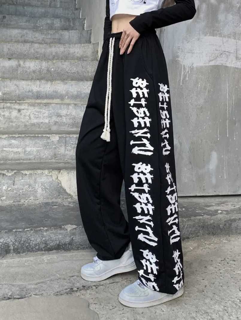 Штани оверсайз з принтом у японському стилі, Харадзюку, Y2k.