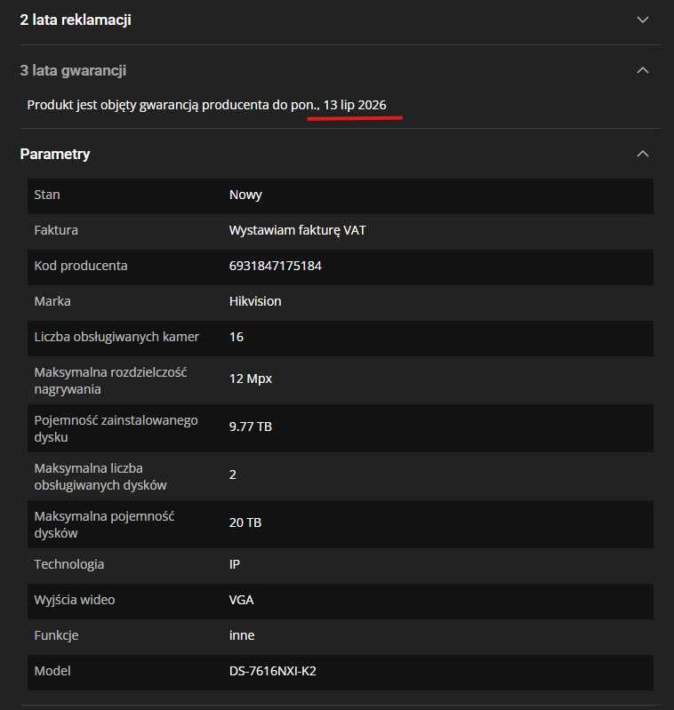 Rejestrator sieciowy IP Hikvision DS-7616NXI-K2  Acusense HIK +2 dyski