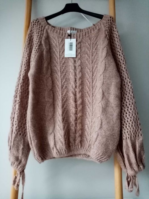 Nowy sweter, warkocze, ażurowe rękawy, jasnobrązowy, oversize, Andżela