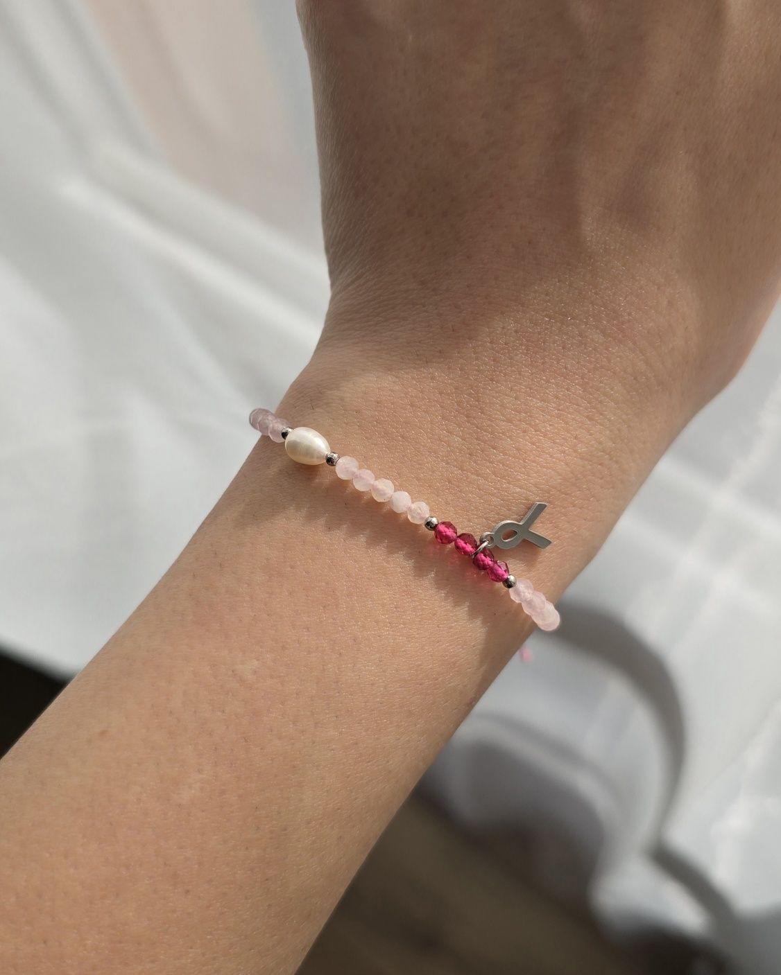 Bransoletka handmade - spinel, kwarc różowy, kamień księżycowy
