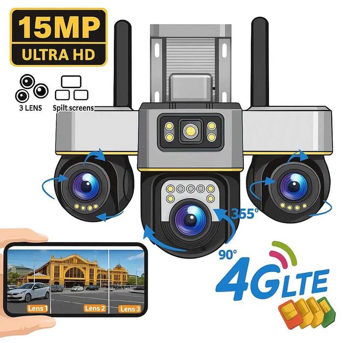Вулична 4G камера відеонагляду з трьома PTZ об‘єктивами 15MP SC30 V380