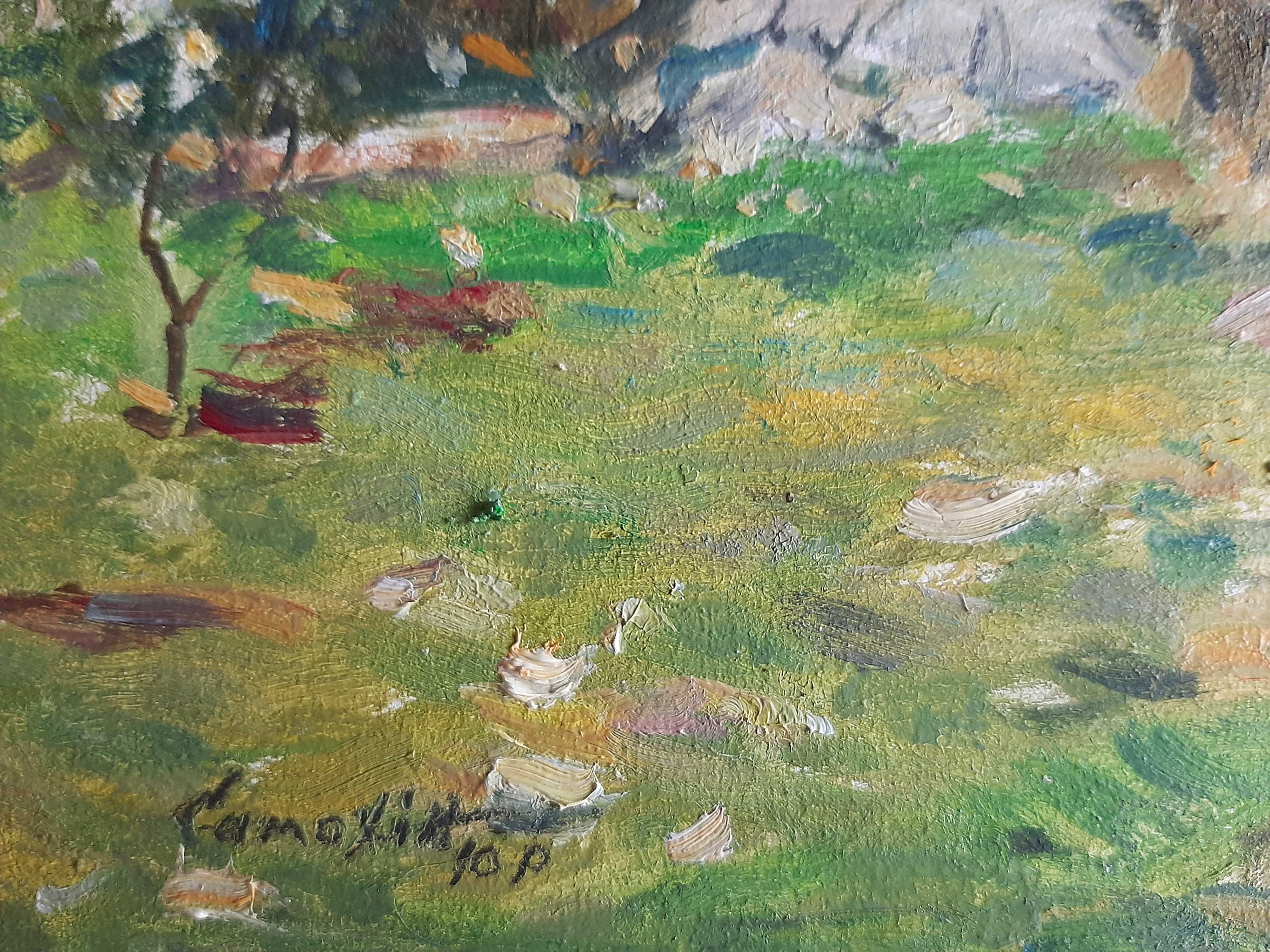 картина - пейзаж "Цветет миндаль" масло 20 х 25 см. живопись