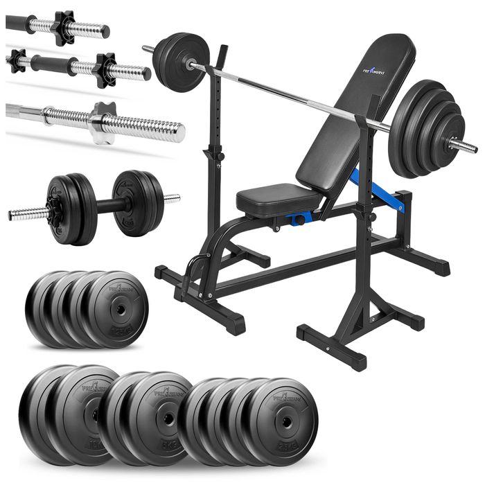 Zestaw do ćwiczeń 90kg ławka treningowa gryf stojaki hantle obciążenie