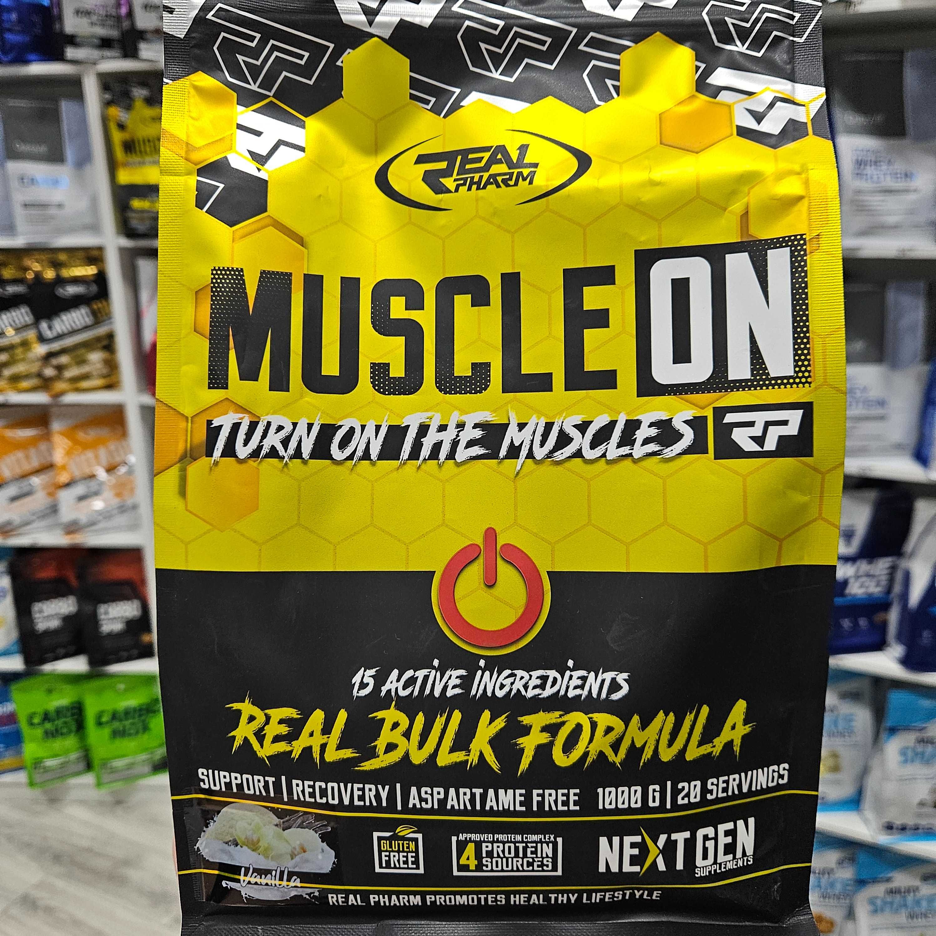 BULK, Gainer, Real Pharm MUSCLE ON 1000g BULK smak czekolada orzech