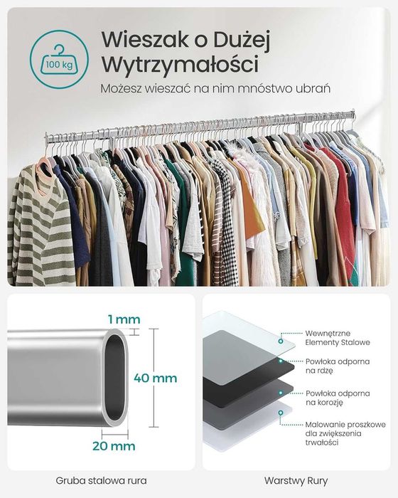 Wieszak garderobiany z kółkami, wysuwany drążek nośność 90 kg srebrny
