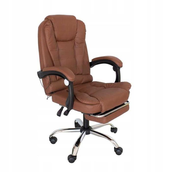 FOTEL biurowy z funkcją MASAŻU z podnóżkiem ekoskóra brązowy