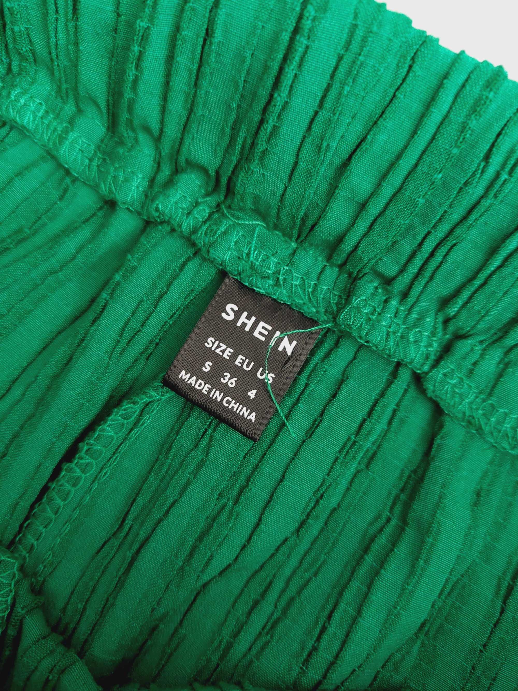 Shein zielone spodnie prażek dlugie szerokie flare s m l na gumce