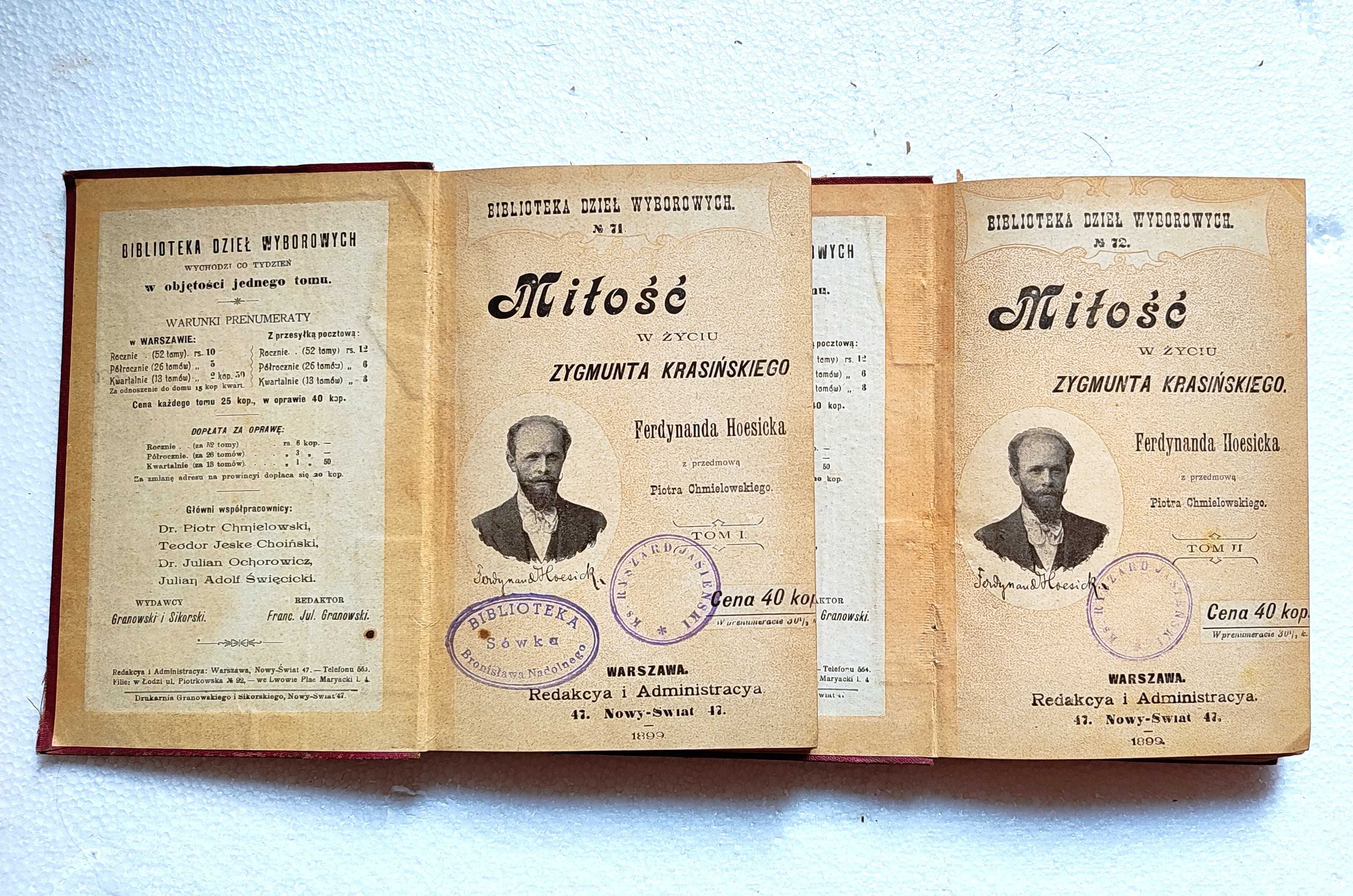 Miłość w życiu Zygmunta Krasińskiego. T. 1-2. F. Hoesick. Wyd 1899 r.