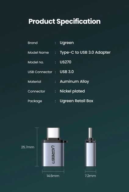 Перехідник UGREEN US270 Type C to USB А 3.0