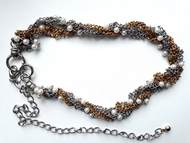 Pasek / Wisior / Naszyjnik łańcuchy w kolorze złoto-srebrnym + perły
