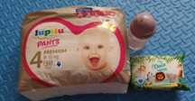 Pampersy łupilu 4 39 szt bidon i chusteczki Dada 72 szt cena za całość
