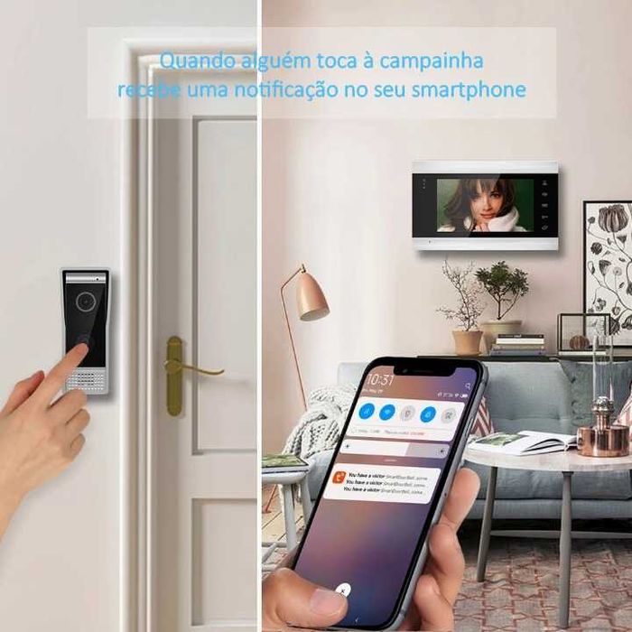 Vídeo Porteiro Tuya * S/ Fios * WiFi * Ecrã Tátil Cores * 2 Campainhas