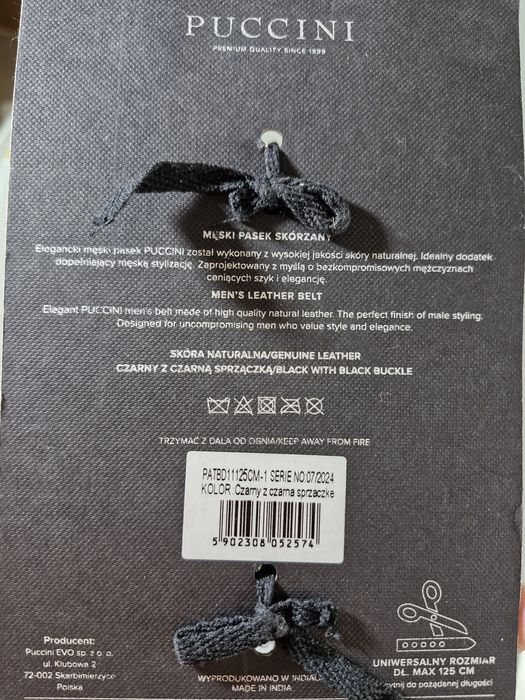 Puccini Męski Pasek Skórzany Czarna Klamra Mat Rozmiar Uniwersalny 125