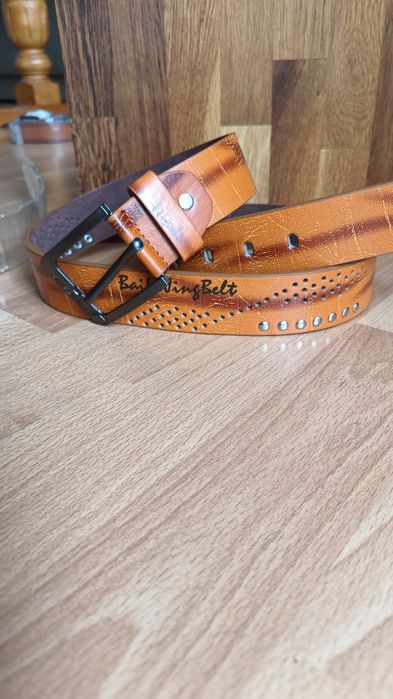 116cm Nowy pomarańczowy pasek skórzany belt sprzączka koloru srebrnego
