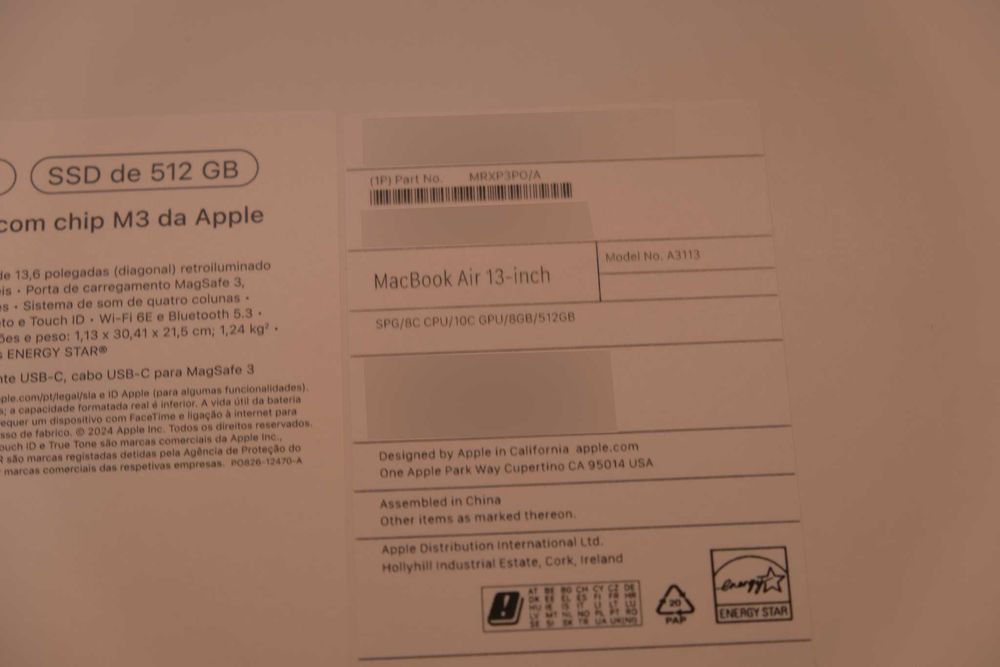Apple 2024 MacBook Air 13" M3 / 8GB RAM / 512GB SSD - NOVO / SELADO