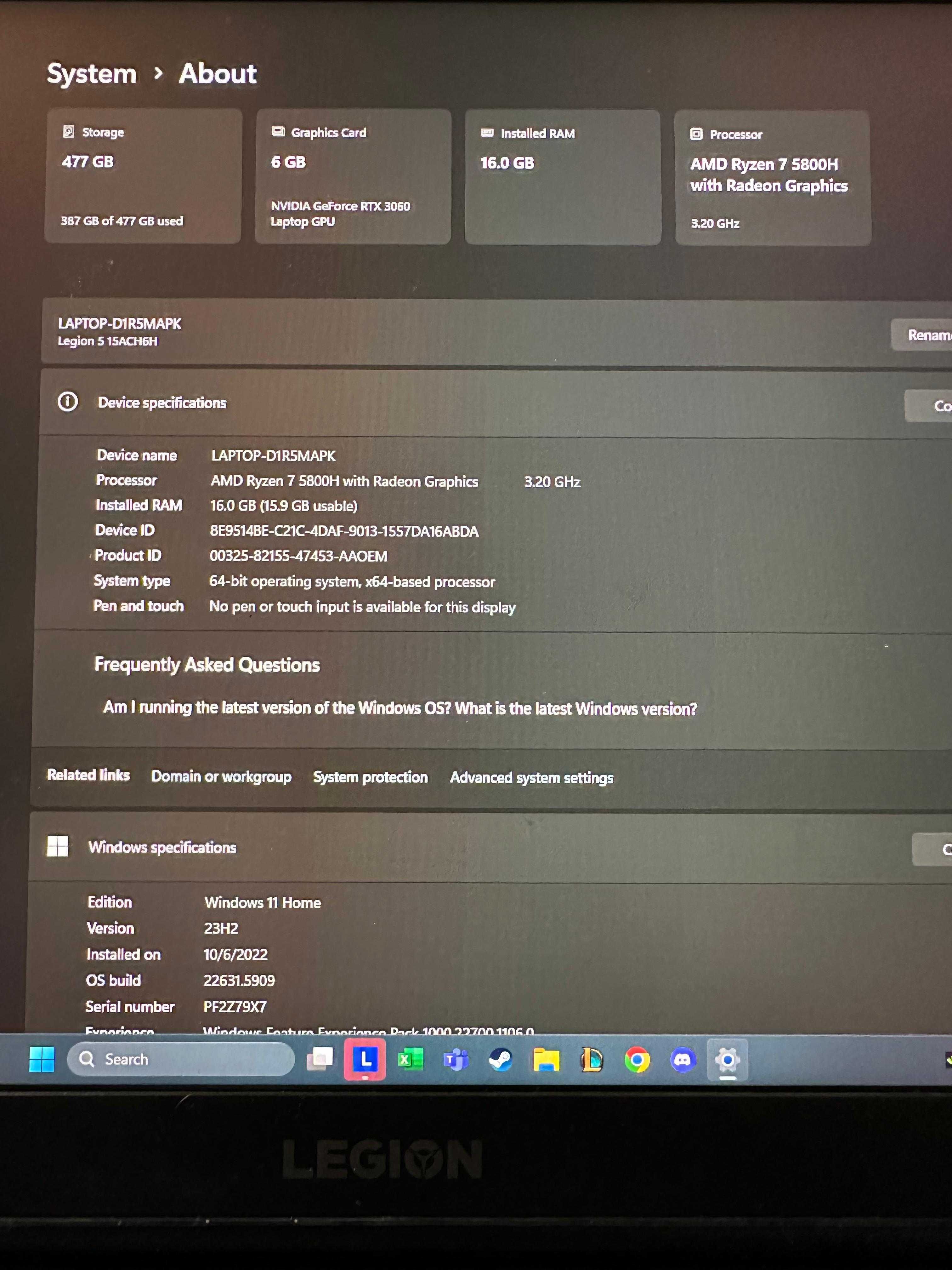 Lenovo Legion 5 15ACH6H / RTX 3060