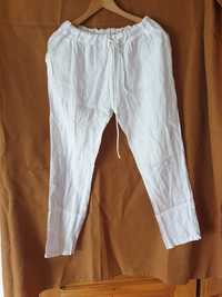 Spodnie damskie białe z lnu na gumie i sznurku