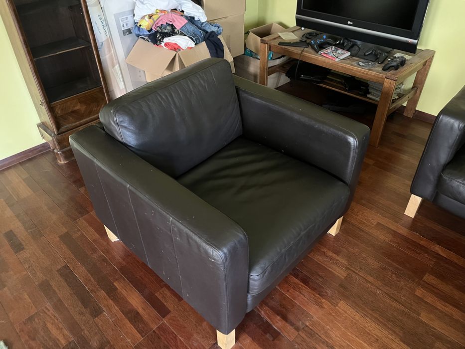 Ikea komplet wypoczynkowy ze skory naturalnej sofa, fotel i podnozek