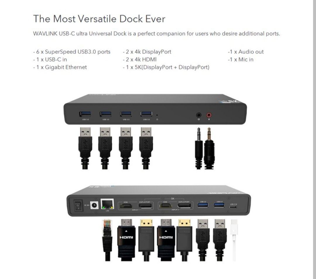 Wavlink Universal USB-C Ultra 5K Docking Station com saídas de vídeo d