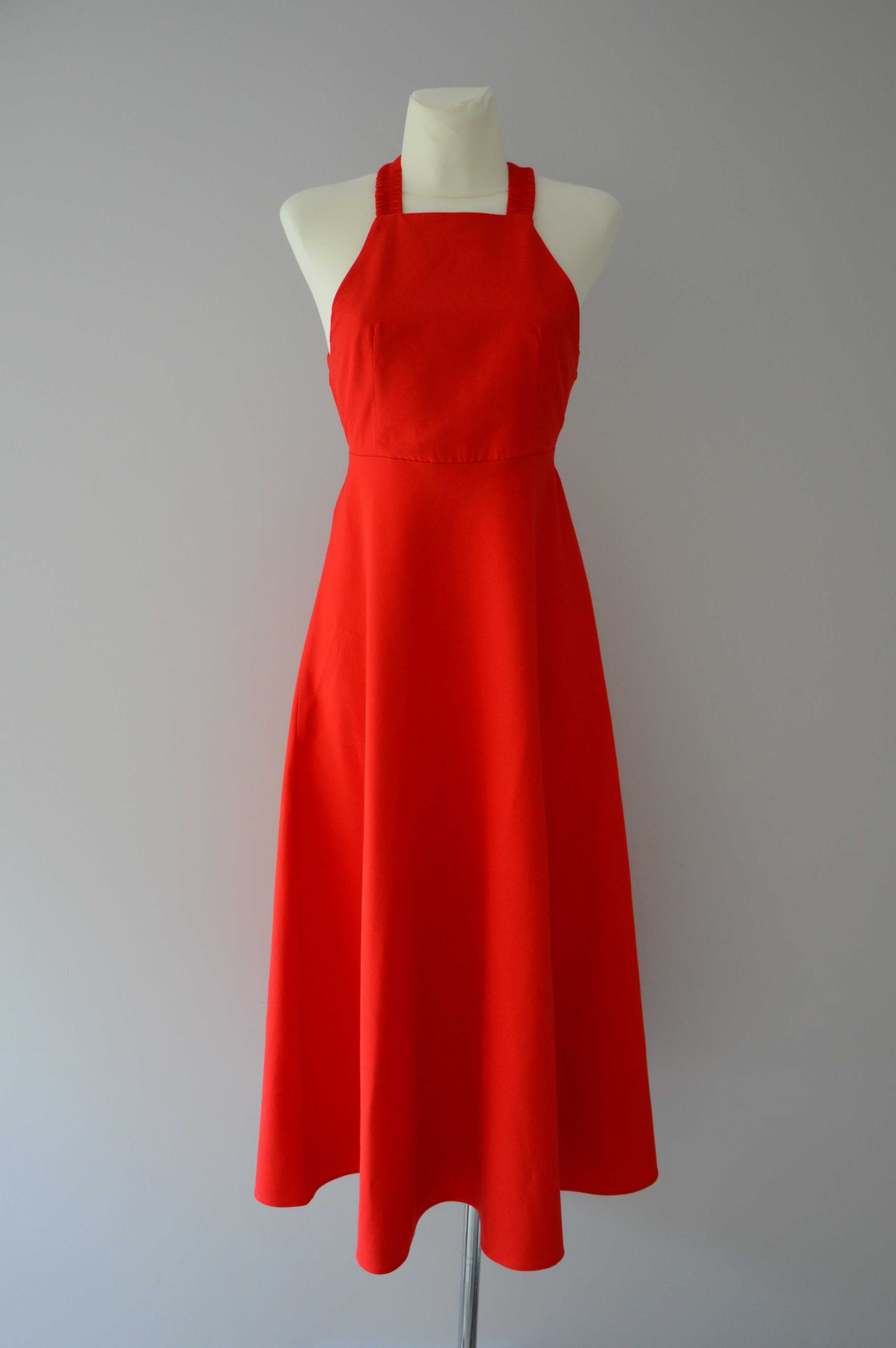 Zara długa czerwona lniana sukienka premium old money halter 34 XS