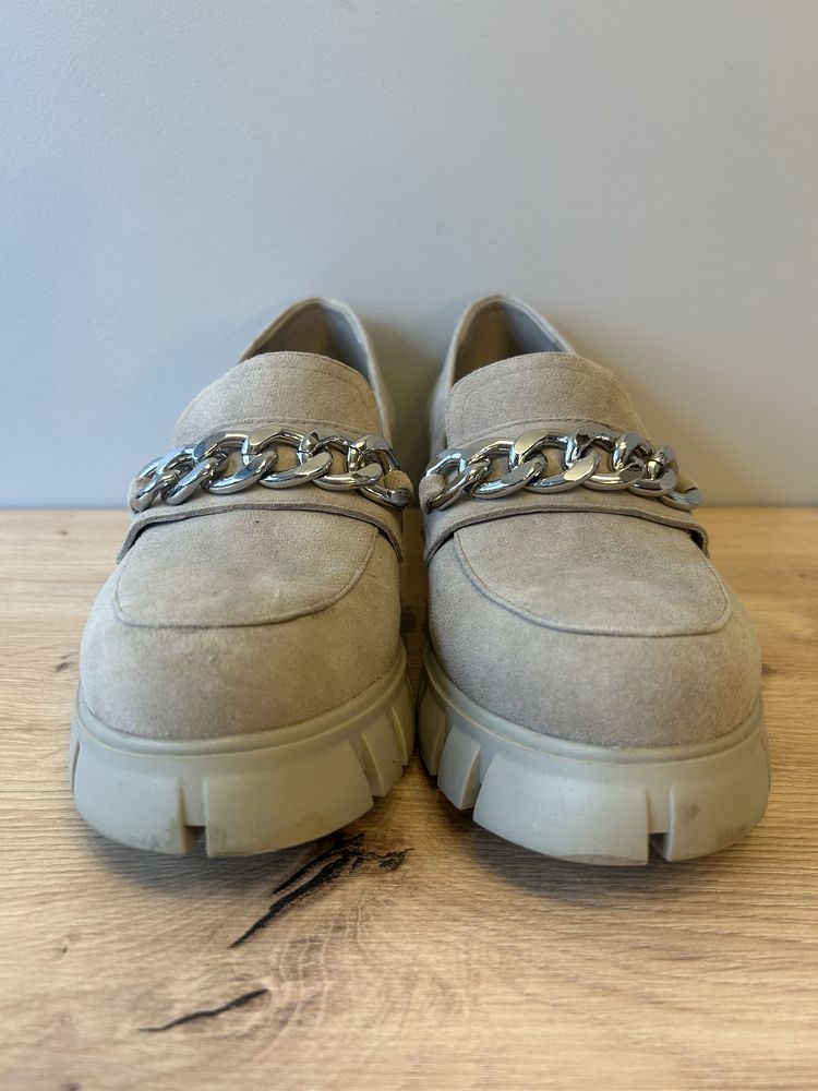 Buty skórzane damskie mokasyny lordsy pótbuty tancuch 38 Steven NY beż