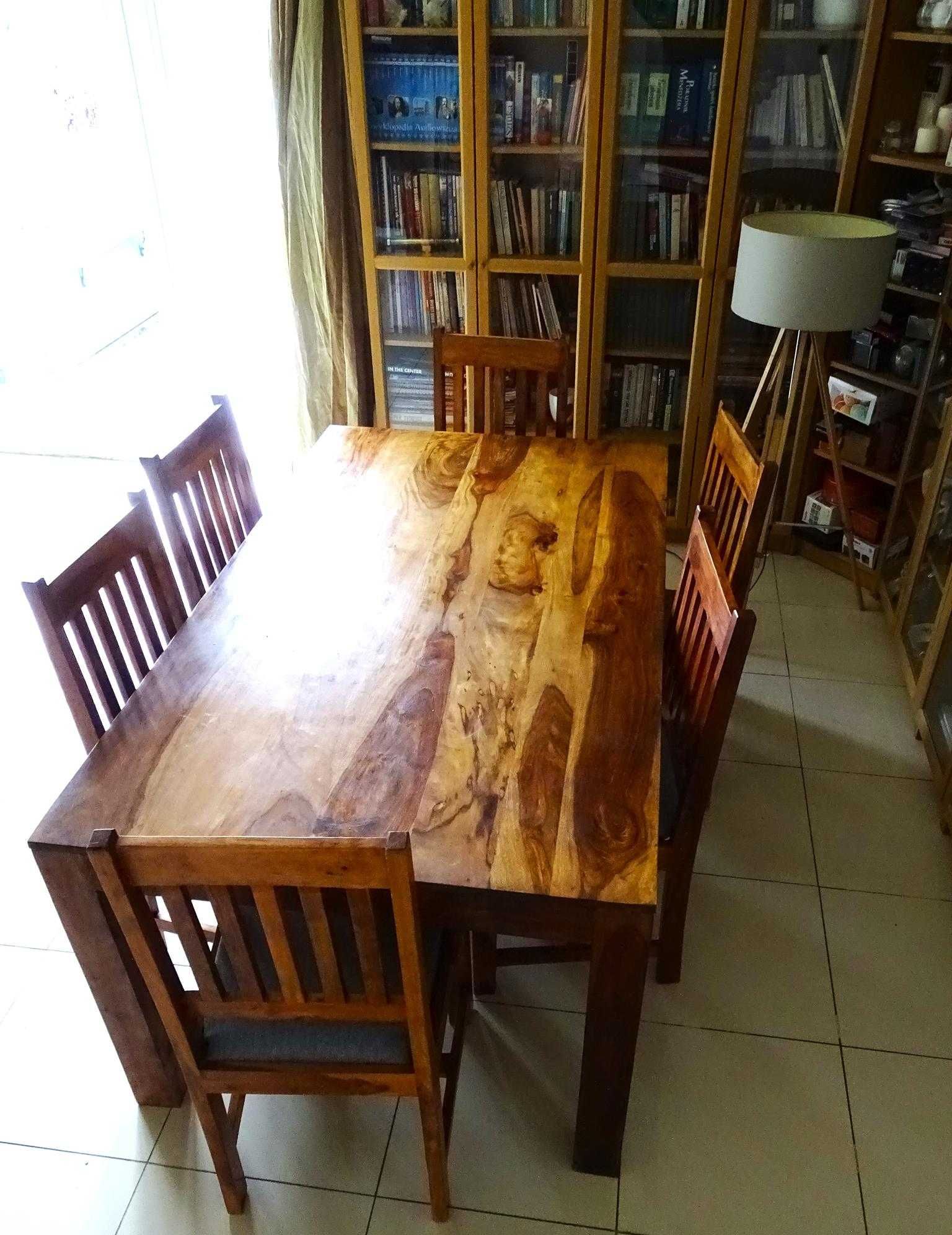 Piękny kolonialny stół drewniany 175x90 i 6 krzeseł Indyjskich