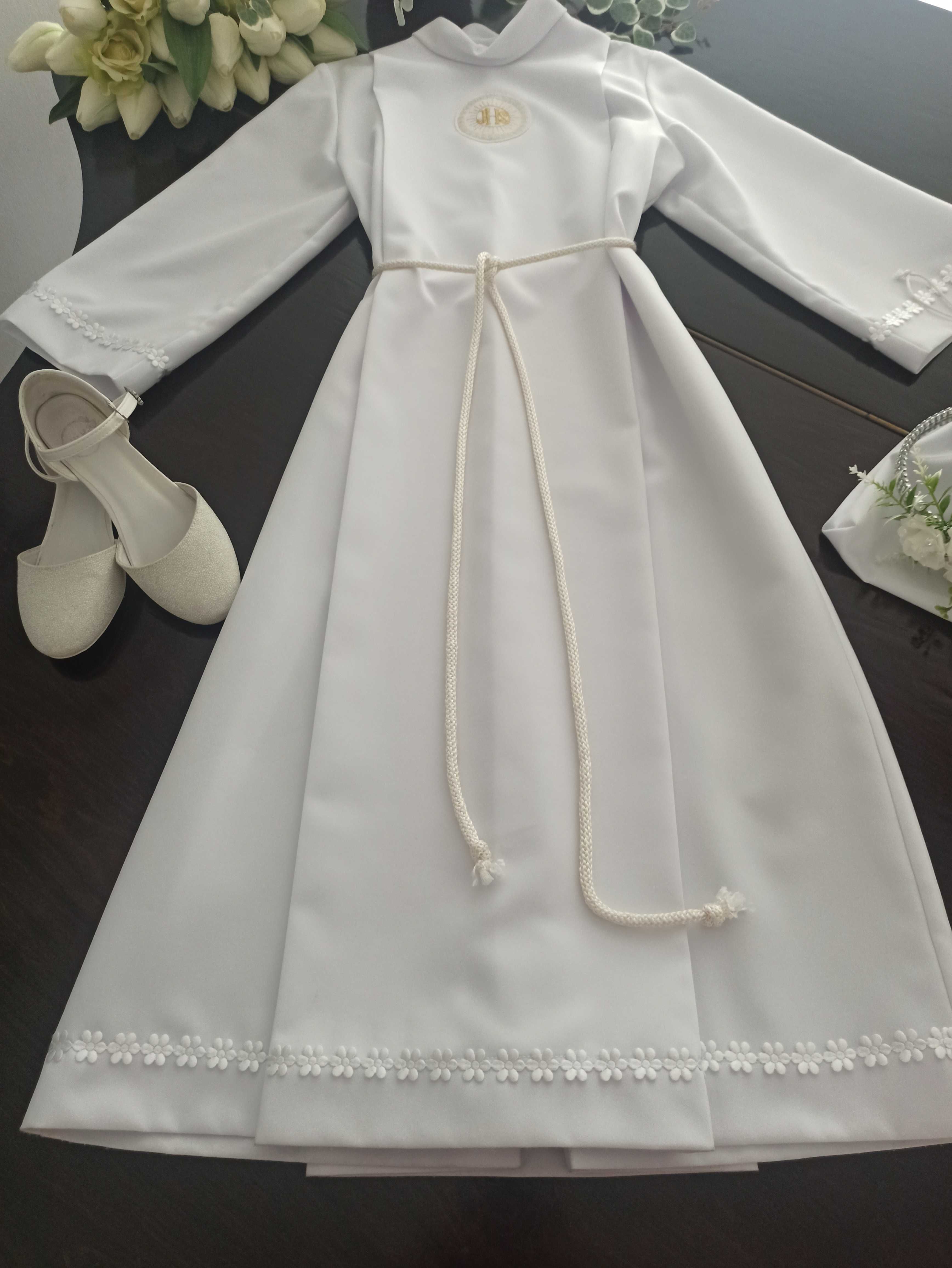 Biała Długa Dziewczęca Alba Komunijna Sukienka Na Komunię 134-140