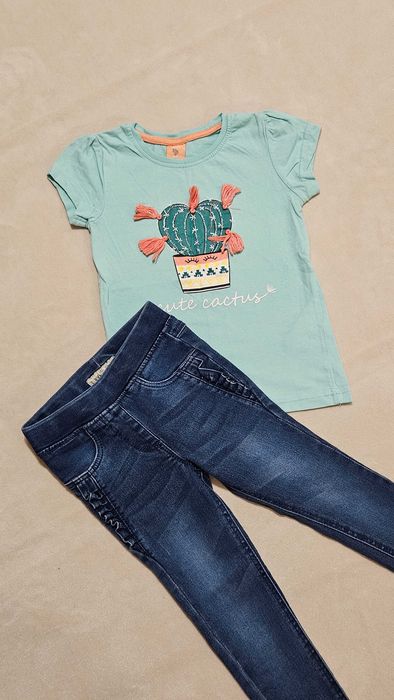 Bluzka koszulka 104 kaktus +jeansy zestaw dla dziewczynki
