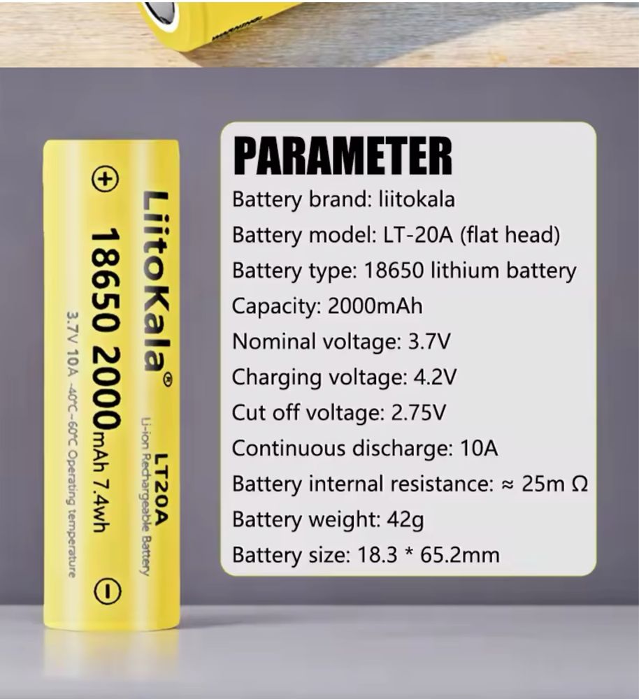 Аккумулятор 18650 li-on LitoKala 2000 mah
