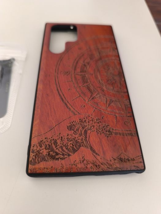 S22 Ultra Etui Drewniane + Osłona aparatów 9H + Pokrowiec Case Carveit